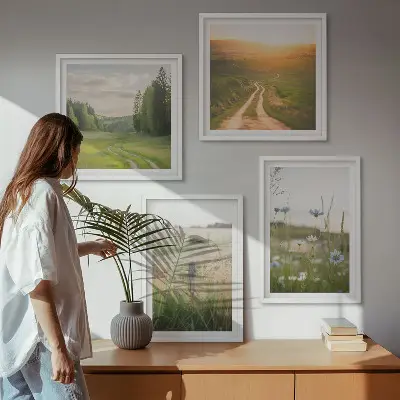Composição de quadros com paisagens de natureza, campos e sol