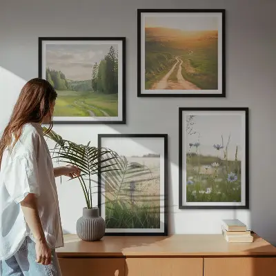 Composição de quadros com paisagens de natureza, campos e sol