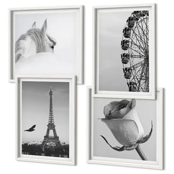 Composição de quadros com rosa, torre eiffel, cavalo e roda gigante em preto e branco