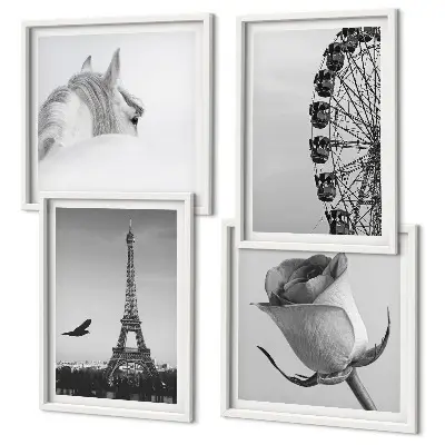 Composição de quadros com rosa, torre eiffel, cavalo e roda gigante em preto e branco