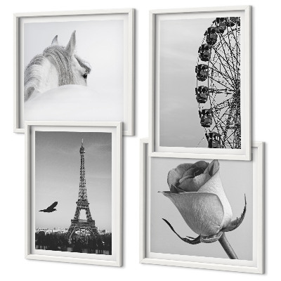Composição de quadros Rosa Torre Eiffel Cavalo Roda Gigante P&B