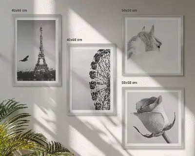Composição de quadros com rosa, torre eiffel, cavalo e roda gigante em preto e branco