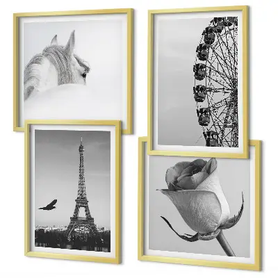 Composição de quadros com rosa, torre eiffel, cavalo e roda gigante em preto e branco