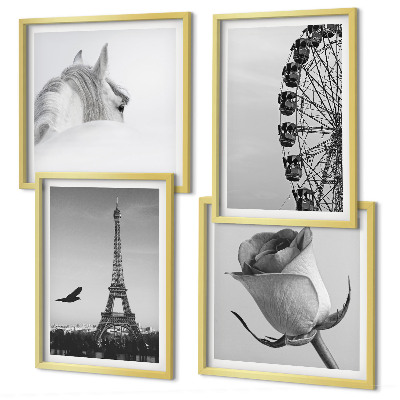 Composição de quadros Rosa Torre Eiffel Cavalo Roda Gigante P&B