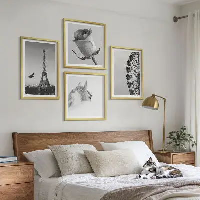 Composição de quadros com rosa, torre eiffel, cavalo e roda gigante em preto e branco