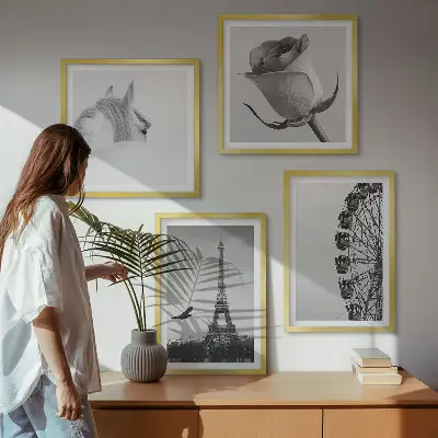 Composição de quadros com rosa, torre eiffel, cavalo e roda gigante em preto e branco