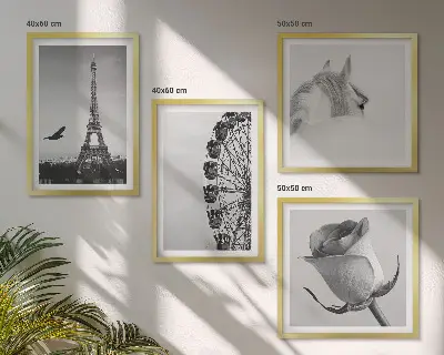 Composição de quadros com rosa, torre eiffel, cavalo e roda gigante em preto e branco