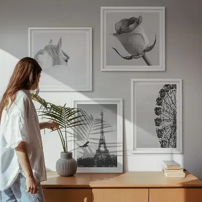Composição de quadros com rosa, torre eiffel, cavalo e roda gigante em preto e branco