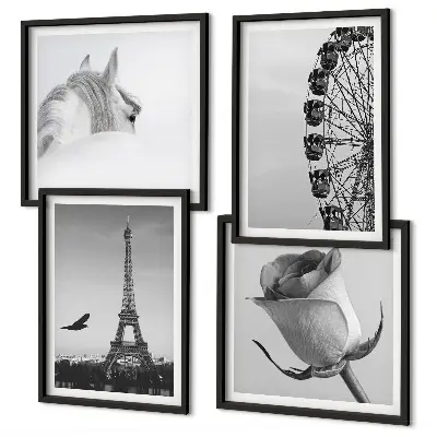 Composição de quadros com rosa, torre eiffel, cavalo e roda gigante em preto e branco
