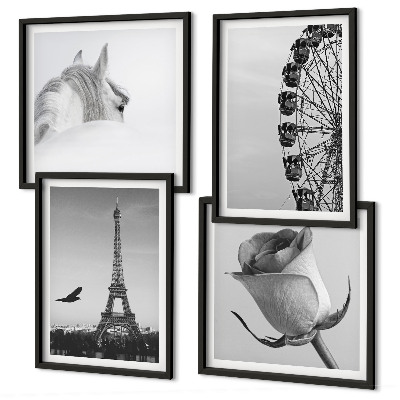 Composição de quadros Rosa Torre Eiffel Cavalo Roda Gigante P&B