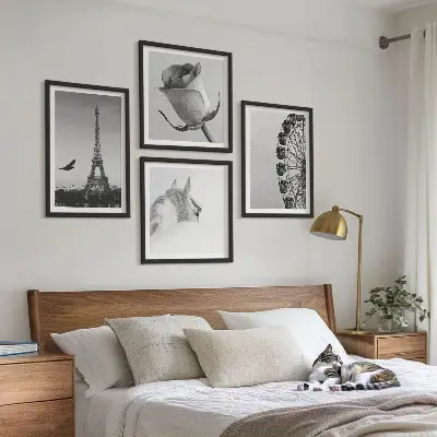 Composição de quadros com rosa, torre eiffel, cavalo e roda gigante em preto e branco