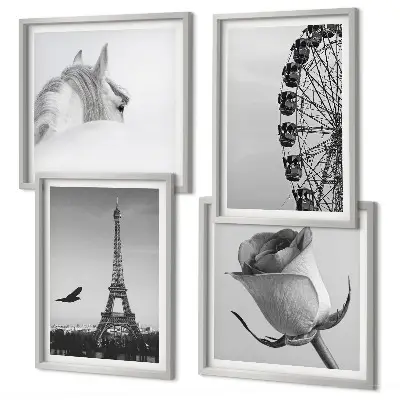 Composição de quadros com rosa, torre eiffel, cavalo e roda gigante em preto e branco