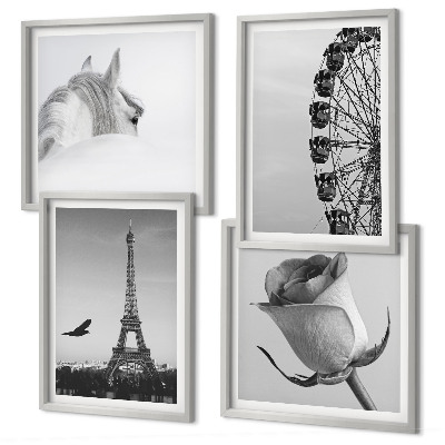 Composição de quadros Rosa Torre Eiffel Cavalo Roda Gigante P&B