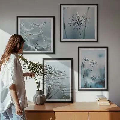 Conjunto de 4 quadros com moldura de gotas de água e dente-de-leão