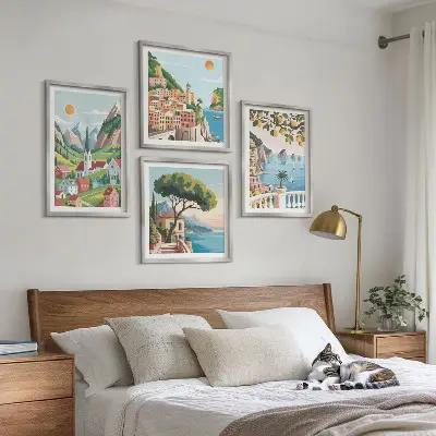 Políptico com moldura com paisagens marítimas e frutas cítricas