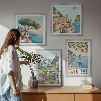 Políptico com moldura com paisagens marítimas e frutas cítricas