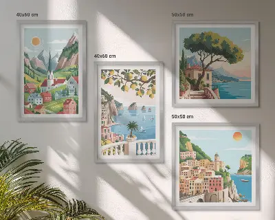 Políptico com moldura com paisagens marítimas e frutas cítricas