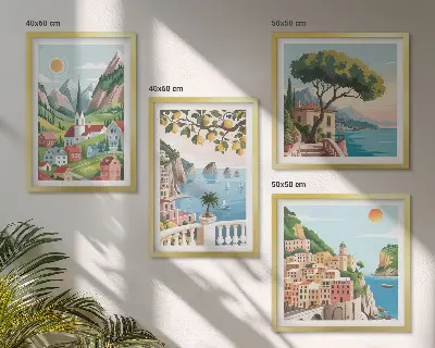 Políptico com moldura com paisagens marítimas e frutas cítricas