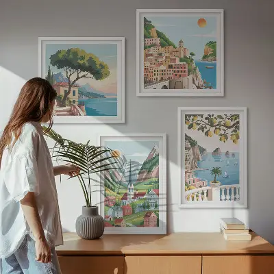 Políptico com moldura com paisagens marítimas e frutas cítricas