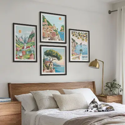 Políptico com moldura com paisagens marítimas e frutas cítricas