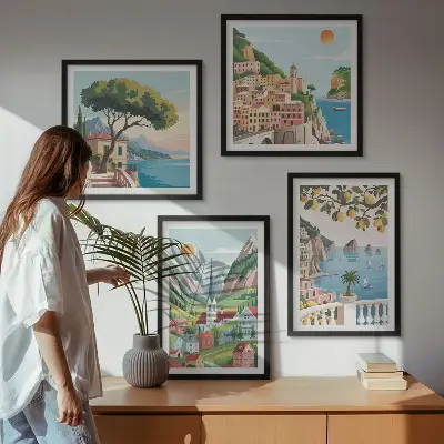 Políptico com moldura com paisagens marítimas e frutas cítricas