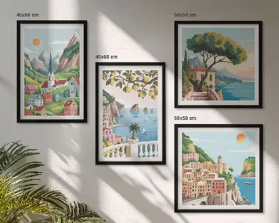Políptico com moldura com paisagens marítimas e frutas cítricas