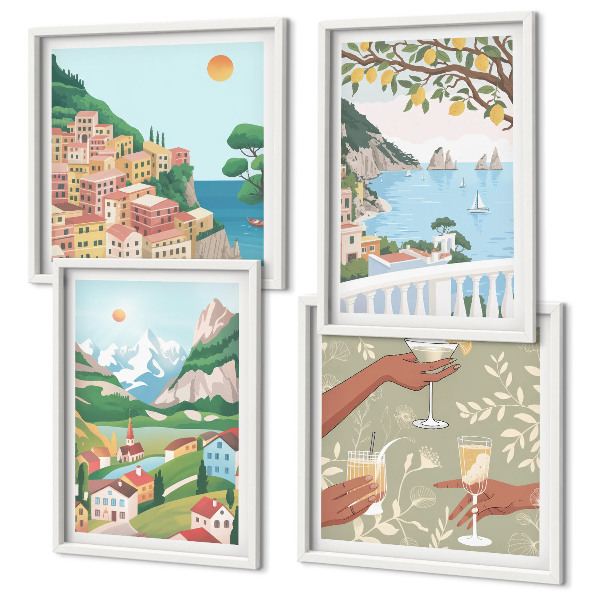 Composição de quadros Casas de praia em tons pastel