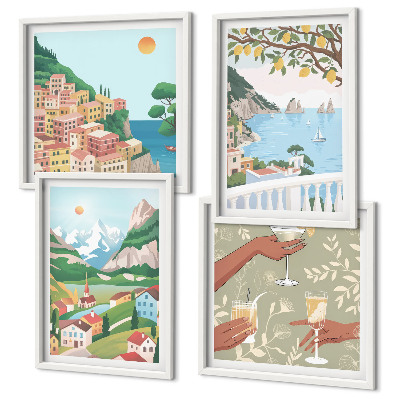 Composição de quadros Casas de praia em tons pastel