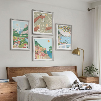 Composição de quadros Casas de praia em tons pastel
