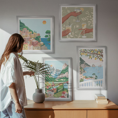 Composição de quadros Casas de praia em tons pastel