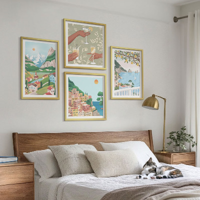 Composição de quadros Casas de praia em tons pastel
