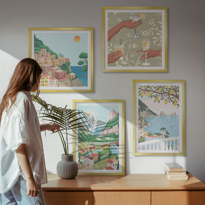 Composição de quadros Casas de praia em tons pastel
