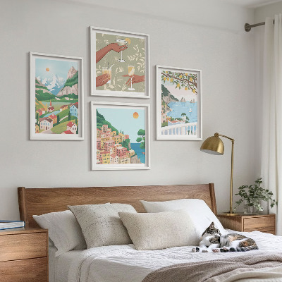 Composição de quadros Casas de praia em tons pastel