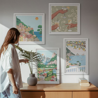 Composição de quadros Casas de praia em tons pastel