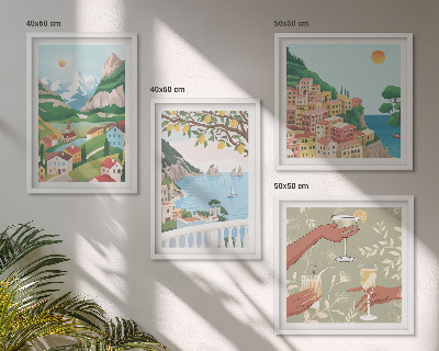 Composição de quadros Casas de praia em tons pastel