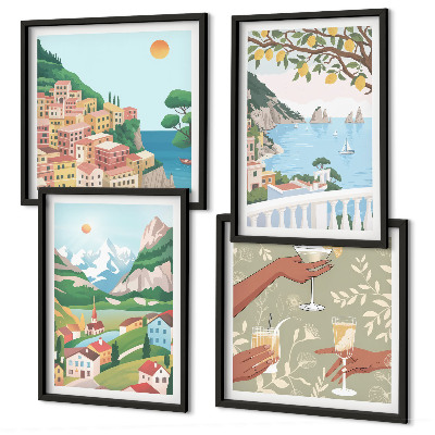 Composição de quadros Casas de praia em tons pastel