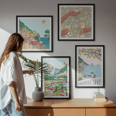 Composição de quadros Casas de praia em tons pastel