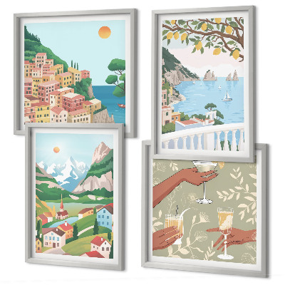 Composição de quadros Casas de praia em tons pastel
