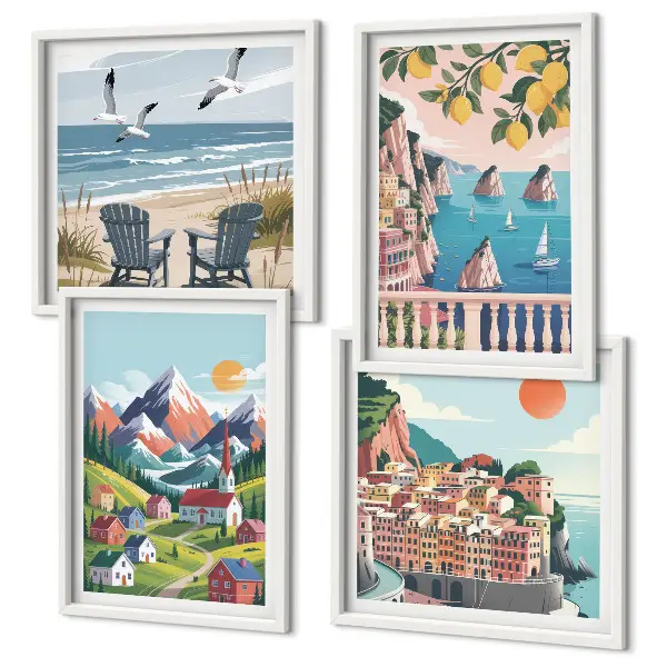 Conjunto de 4 quadros com moldura com estampas de montanhas coloridas e cidades costeiras
