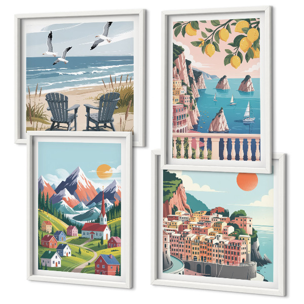 Conjunto de 4 quadros com moldura Montanhas coloridas e cidades costeiras