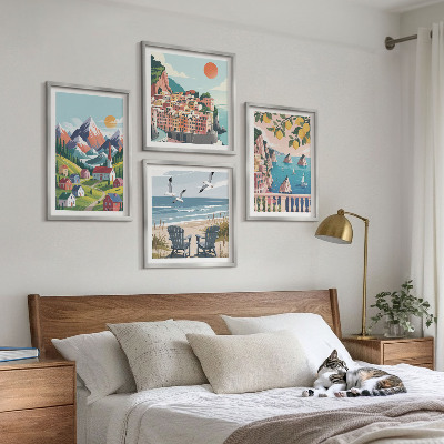 Conjunto de 4 quadros com moldura Montanhas coloridas e cidades costeiras