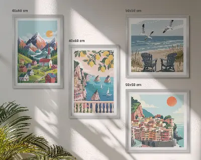 Conjunto de 4 quadros com moldura com estampas de montanhas coloridas e cidades costeiras