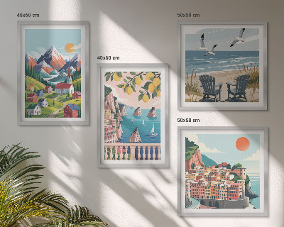 Conjunto de 4 quadros com moldura Montanhas coloridas e cidades costeiras