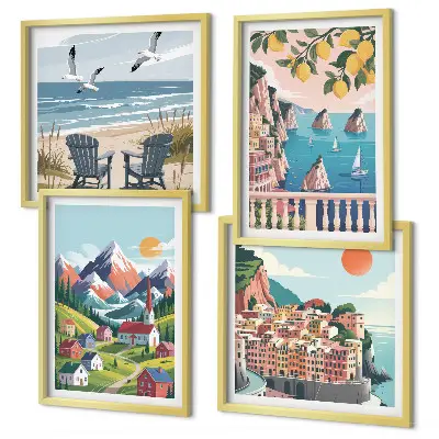 Conjunto de 4 quadros com moldura com estampas de montanhas coloridas e cidades costeiras