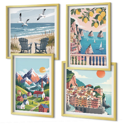Conjunto de 4 quadros com moldura Montanhas coloridas e cidades costeiras