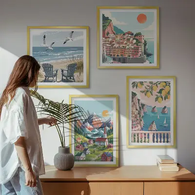 Conjunto de 4 quadros com moldura com estampas de montanhas coloridas e cidades costeiras
