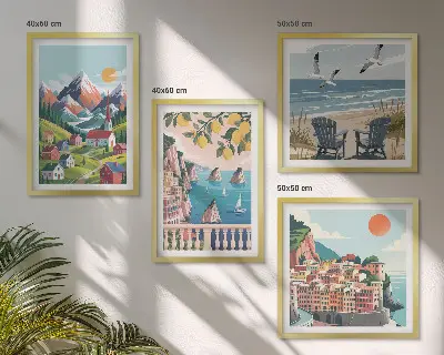Conjunto de 4 quadros com moldura com estampas de montanhas coloridas e cidades costeiras
