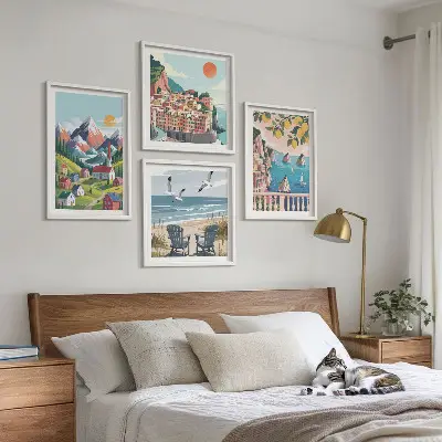 Conjunto de 4 quadros com moldura com estampas de montanhas coloridas e cidades costeiras