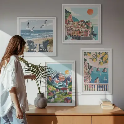 Conjunto de 4 quadros com moldura com estampas de montanhas coloridas e cidades costeiras