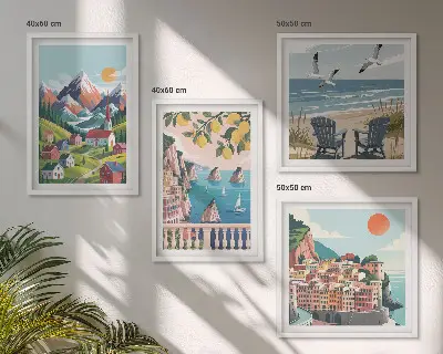 Conjunto de 4 quadros com moldura com estampas de montanhas coloridas e cidades costeiras